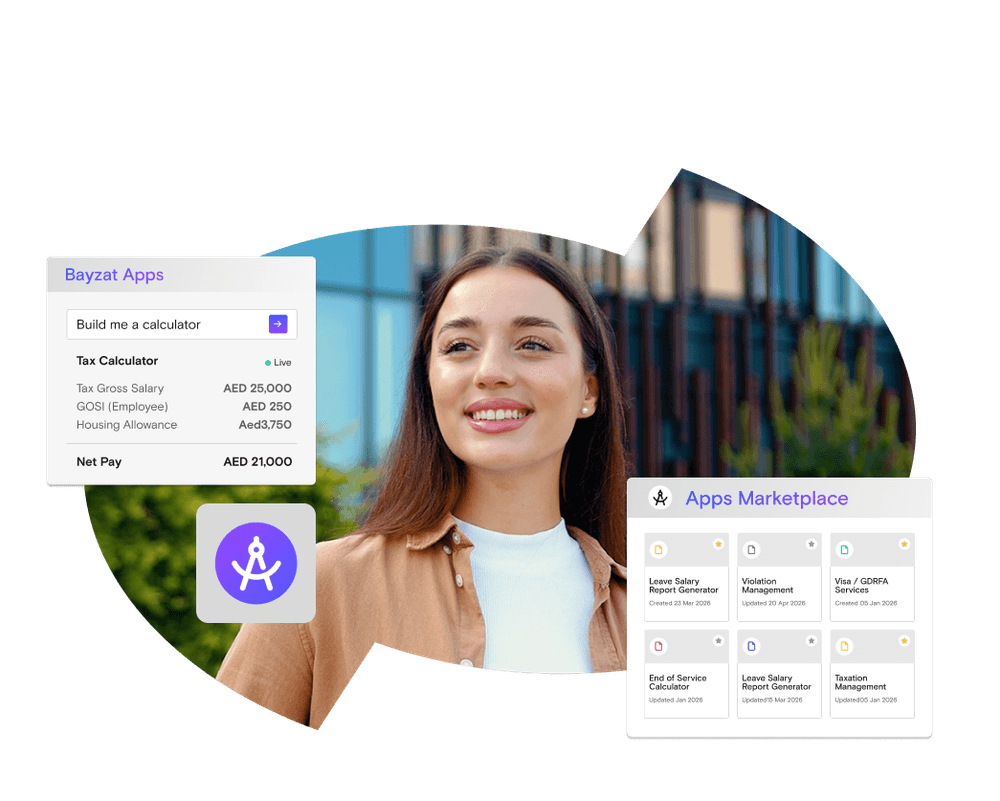 Bayzat Studio Apps marketplace interface showing a library of custom HR apps built using AI, connected to employee data